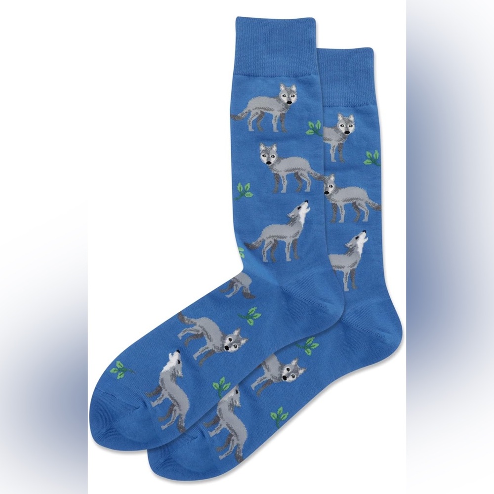 Hot Sox Men's Fun Animal Series Crew Socks - Teal Blue Wolf